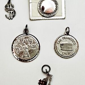 CHARMS LOT OF 5 STERLING SILVER #1 FRIEND, $ SIGN, CHRITMAS, BLANK, SAN FRANS